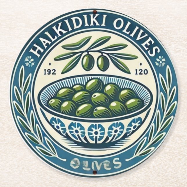 Posavasos Redondo De Papel Blue Bowl Greek Olive Picture Design (Anverso)