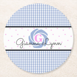 Posavasos Redondo De Papel Blue Gingham Monogramed