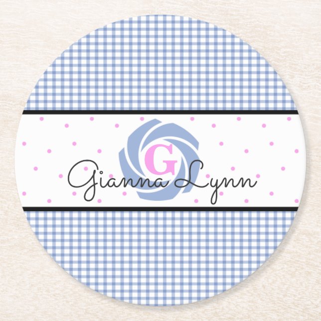 Posavasos Redondo De Papel Blue Gingham Monogramed (Anverso)