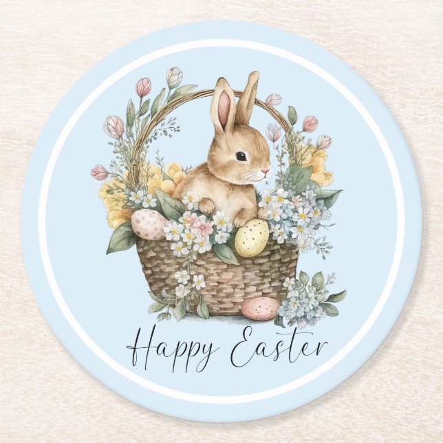 Posavasos Redondo De Papel Blue Happy Easter Bunny (Anverso)