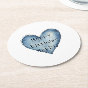 Posavasos Redondo De Papel Blue Jean Denim Heart Birthday