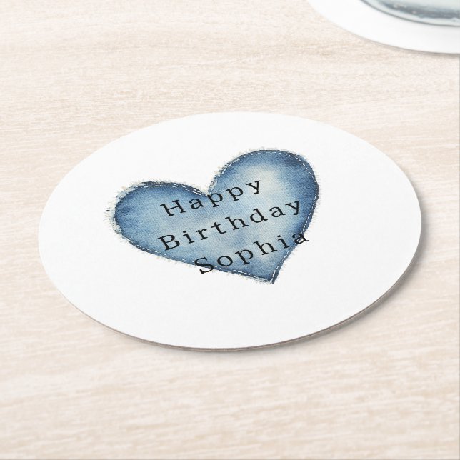 Posavasos Redondo De Papel Blue Jean Denim Heart Birthday (En perspectiva)