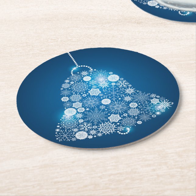 Posavasos Redondo De Papel Blue & Shinning White Snowflakes Christmas Bell (En perspectiva)