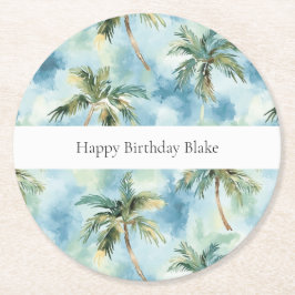 Posavasos Redondo De Papel Blue Skies Tropical Island Palm Trees Birthday