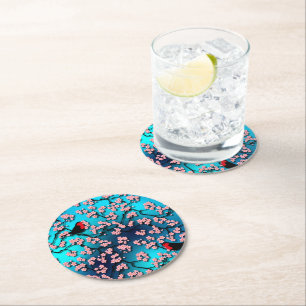 Posavasos Redondo De Papel Blue Sky Bird Cherry Blossom