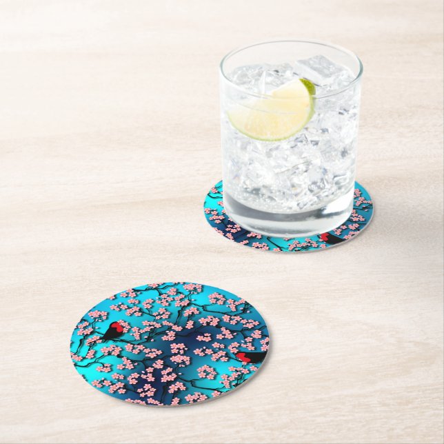 Posavasos Redondo De Papel Blue Sky Bird Cherry Blossom (In situ)