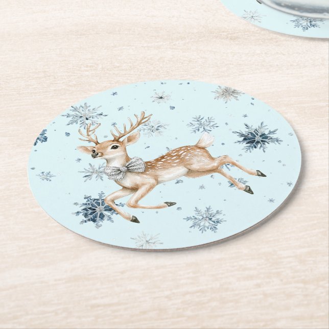 Posavasos Redondo De Papel Blue Snowflakes Christmas Deer with Bow (En perspectiva)