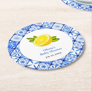 Posavasos Redondo De Papel Blue Tile Mediterranean Lemon Baby Shower