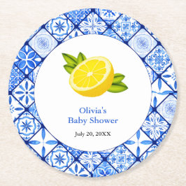 Posavasos Redondo De Papel Blue Tile Mediterranean Lemon Baby Shower