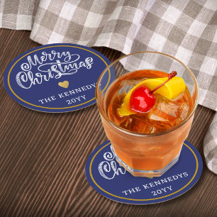 Posavasos Redondo De Papel Blue White Gold Feliz Navidad