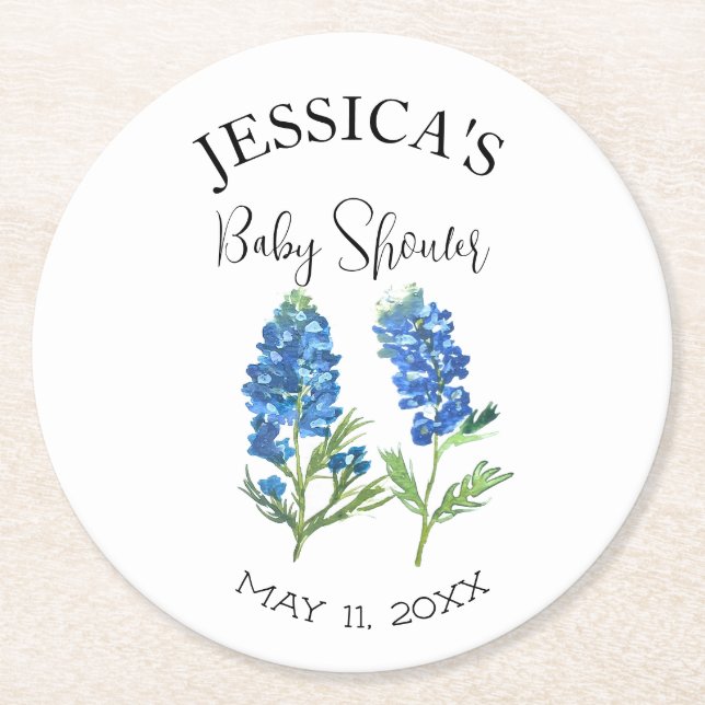 Posavasos Redondo De Papel Bluebonnets Flowers Texas Baby Shower Chica (Anverso)