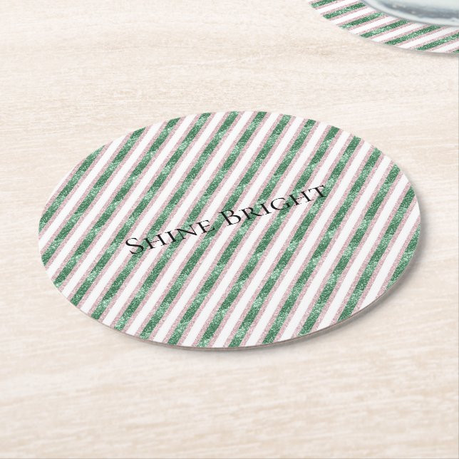 Posavasos Redondo De Papel Blush Pink Green Glitter Stripes Christmas   (En perspectiva)