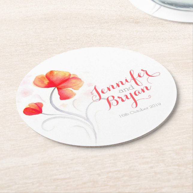 Posavasos Redondo De Papel Boda acuarela flor naranja de papel tiras de papel (En perspectiva)
