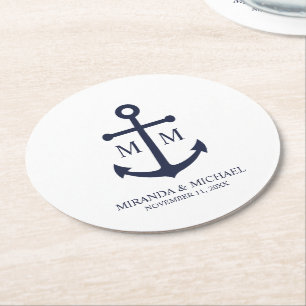 Posavasos Redondo De Papel Boda Ancla Azul Marítimo