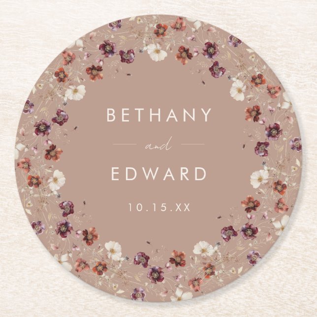 Posavasos Redondo De Papel Boda Autumn Wildflower Meadow Taupe (Anverso)