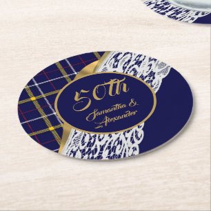 Posavasos Redondo De Papel Boda azul tartán