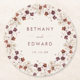 Posavasos Redondo De Papel Boda Beige de Fall Wildflower Field