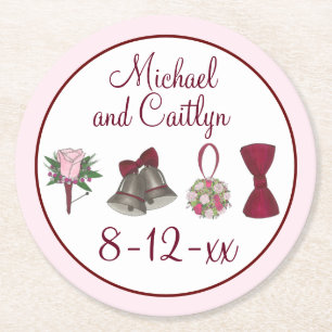 Posavasos Redondo De Papel Boda Bells Flores Bow Tie Bridal Rose Bouquet
