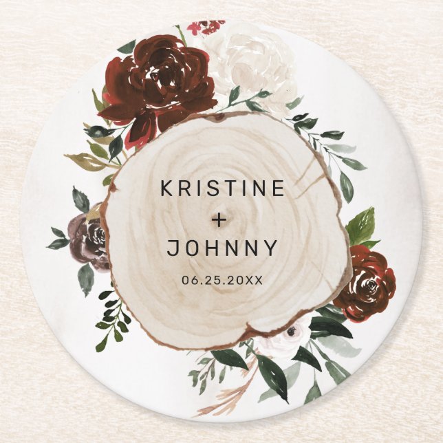 Posavasos Redondo De Papel Boda Boho Burgundy Rosa Floral Madera Floral (Anverso)