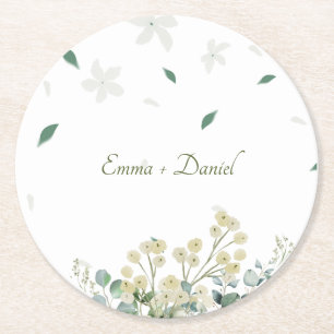 Posavasos Redondo De Papel Boda Botánica de Eucalipto y Florales Blancos