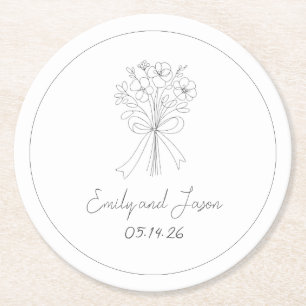 Posavasos Redondo De Papel Boda caprichoso de mano dibujado con una simple fl