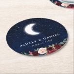 Posavasos Redondo De Papel Boda celeste cielo azul estrellas de la luna flora<br><div class="desc">Boda Celestial Blue Sky Moon Stars Floral Coaster. Acuarela Floral rosa azul borgoña. La vegetación de las hojas de Eucalyptus.</div>