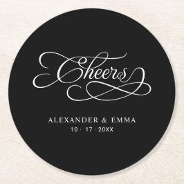 Posavasos Redondo De Papel Boda Cheers Caligrafía Negra Elegante
