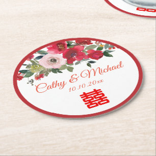Posavasos Redondo De Papel Boda china moderna floral acuarela rosa rojo