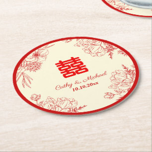 Posavasos Redondo De Papel Boda china rojo beige floral oriental