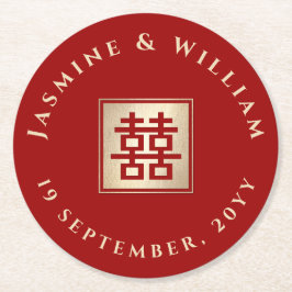 Posavasos Redondo De Papel Boda chino de doble felicidad en Plaza Roja y Oro