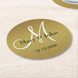 Posavasos Redondo De Papel Boda Clásico Monograma Purpurina Oro