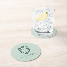 Posavasos Redondo De Papel Boda con Escudo Ornate Vintage Verde