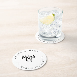 Posavasos Redondo De Papel Boda con Monograma en Blanco y Negro Moderno