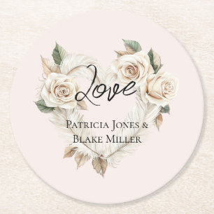 Posavasos Redondo De Papel Boda Corazón Plumas Rosas Rosadas Románticas