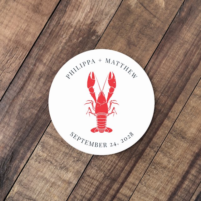 Posavasos Redondo De Papel Boda costera en la playa de Boil Boil (Lobster boil Wedding Keepsake Coaster)