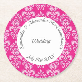 Posavasos Redondo De Papel Boda damasco rosa caliente