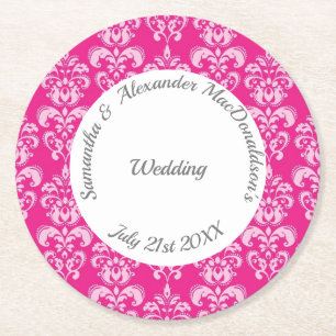 Posavasos Redondo De Papel Boda damasco rosa caliente