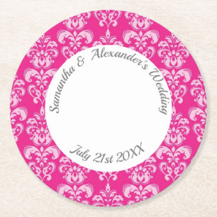 Posavasos Redondo De Papel Boda damasco rosa caliente