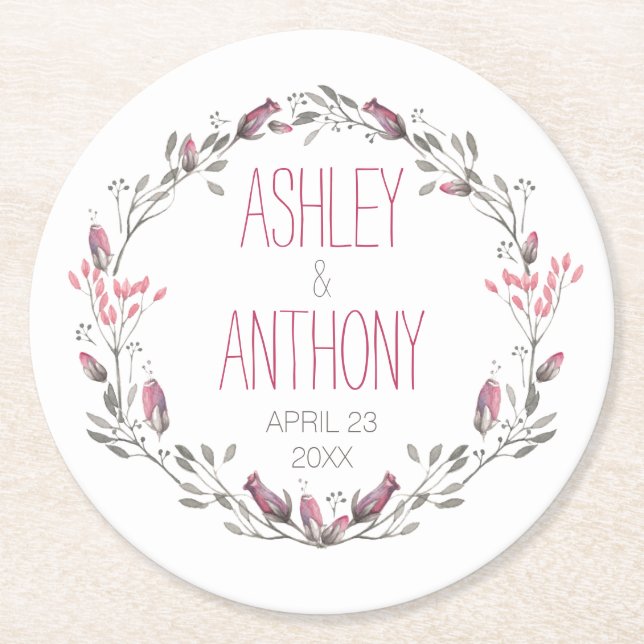 Posavasos Redondo De Papel Boda de acuarela de floral Wreath (Anverso)