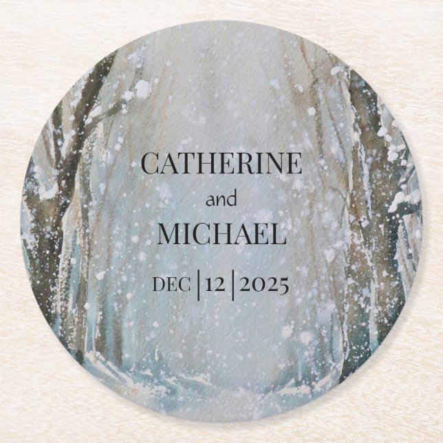 Posavasos Redondo De Papel Boda de acuarela de la selva de invierno rústica y (Anverso)