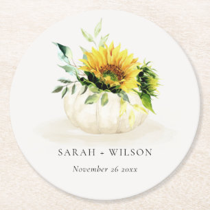 Posavasos Redondo De Papel Boda de acuarela floral de calabaza de girasol rús