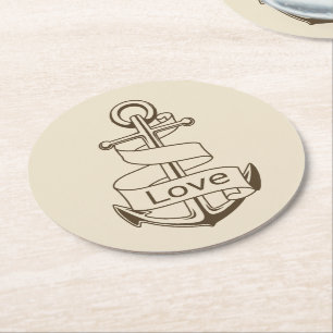 Posavasos Redondo De Papel Boda de amor bronceada ancla náutica vintage