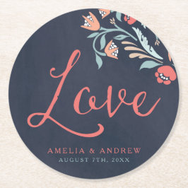Posavasos Redondo De Papel Boda de amor floral Bluish Chalkboard