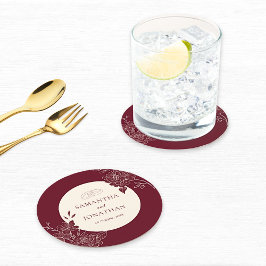 Posavasos Redondo De Papel Boda de arte de línea floral de color burgundy pro