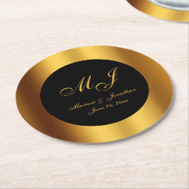 Posavasos Redondo De Papel Boda de borde de caligrafía de oro negro de lujo