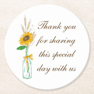 Posavasos Redondo De Papel Boda de Campo Boho Girasoles Amarillo Floral
