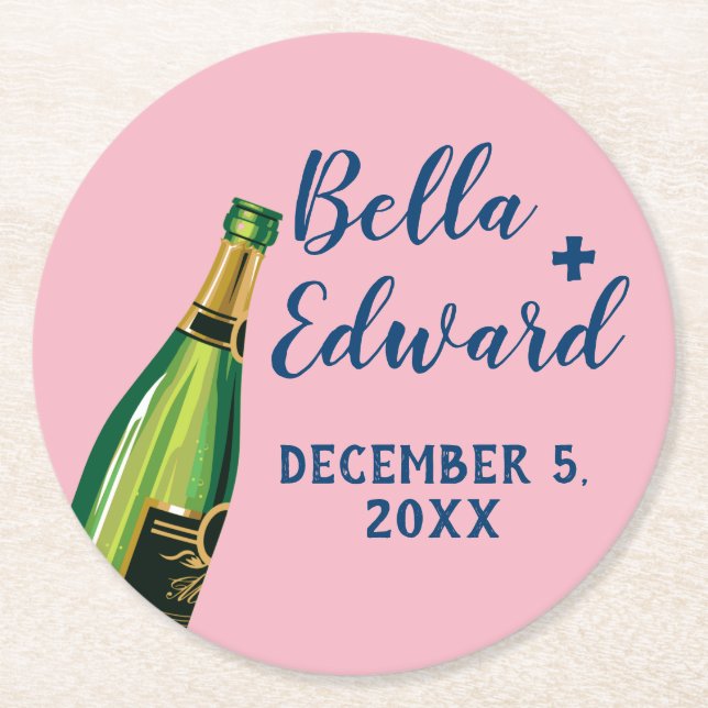 Posavasos Redondo De Papel boda de champán personalizado (Anverso)