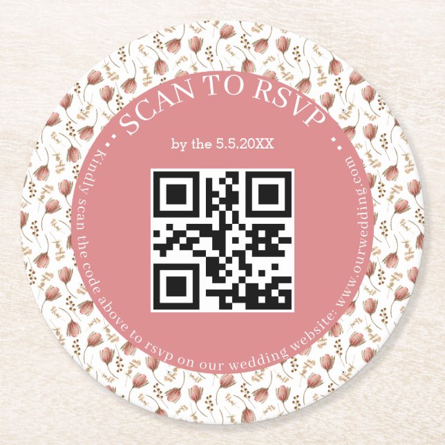Posavasos Redondo De Papel boda de código boho botanical rsvp qr elegante (Anverso)