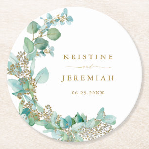 Posavasos Redondo De Papel Boda de color de agua Eucalyptus Gold Script moder