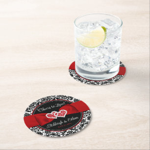 Posavasos Redondo De Papel Boda de Corazones de Amor Negro, Blanco, Rojo Dama